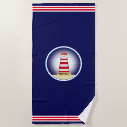 Moderne Nautical Lighthouse op Navy Blue Strandlaken (Voorkant)