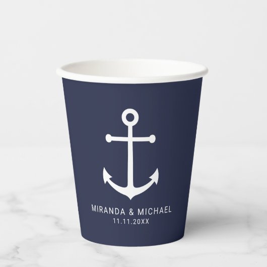 Moderne Nautical Navy Blue Anchor Weddenschap Pape Papieren Bekers (Voorkant)