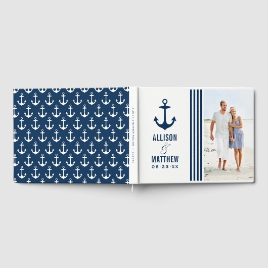 Moderne Nautical Navy Blue and White Wedding Photo Gastenboek (Volledig)