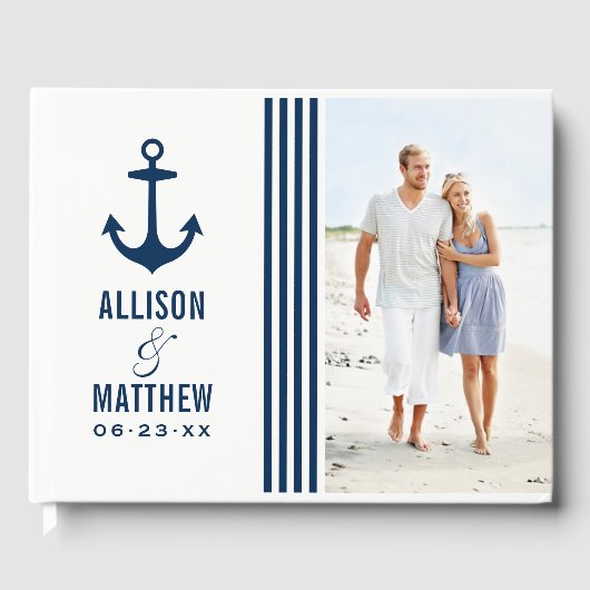 Moderne Nautical Navy Blue and White Wedding Photo Gastenboek (Voorkant)