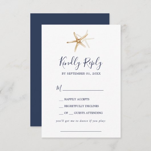 Moderne Nautical Navy & Gold Starfish Song Request RSVP Kaartje (Voorkant / Achterkant)