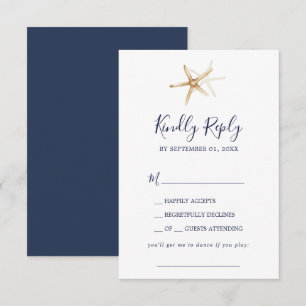 Moderne Nautical Navy & Gold Starfish Song Request RSVP Kaartje