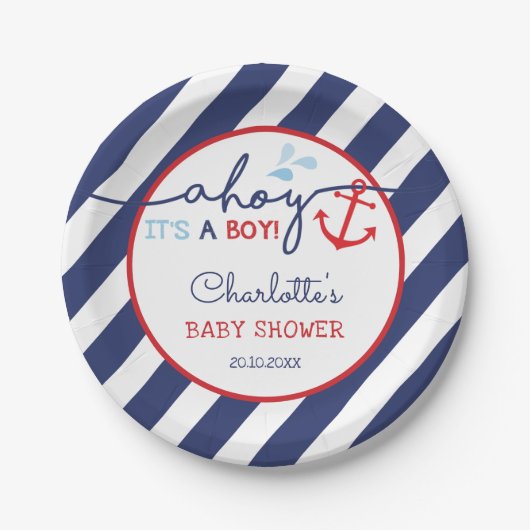 Moderne Nautical Navy Red Anker Ahoy Baby Boy Papieren Bordje (Voorkant)