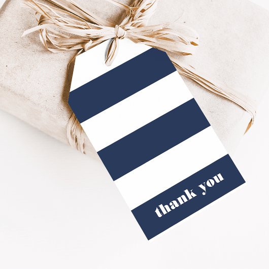 Moderne Nautical Navy & White Stripe Dank u Cadeaulabel