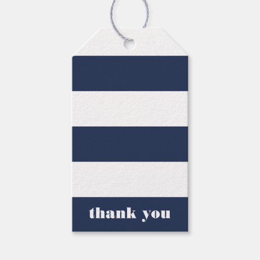 Moderne Nautical Navy & White Stripe Dank u Cadeaulabel (Voorkant)