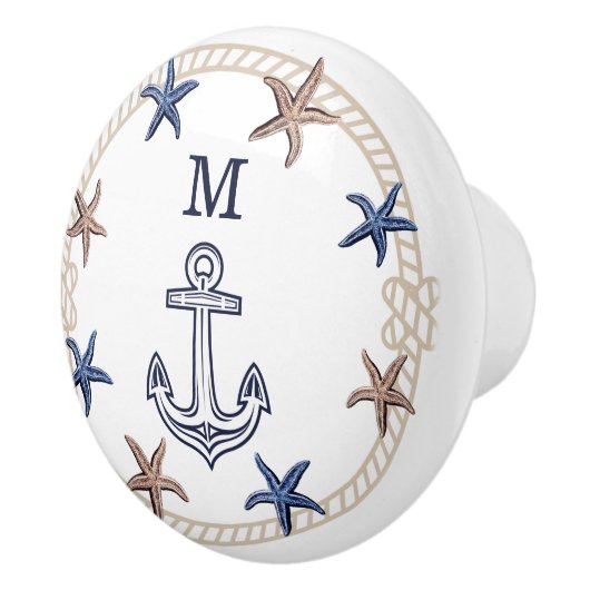 Moderne Nautical Photo Navy Blue Tan Starfish Keramische Knop (Rechts)