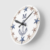 Moderne Nautical Photo Navy Blue Tan Starfish Ronde Klok (Hoek)