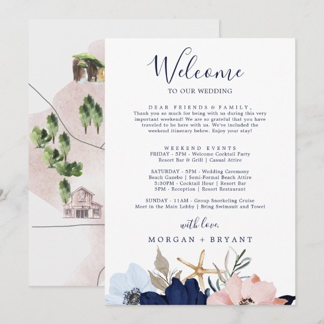 Moderne Nautical Welcome Letter Itinerary & Map (Voorkant / Achterkant)