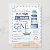 Moderne Nautisch Blauwe Jongen 1e Verjaardag Kaart (Voorkant)