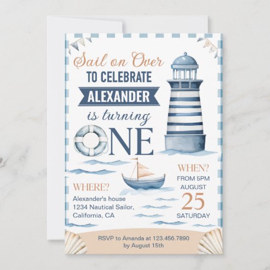 Moderne Nautisch Blauwe Jongen 1e Verjaardag Kaart (Voorkant)