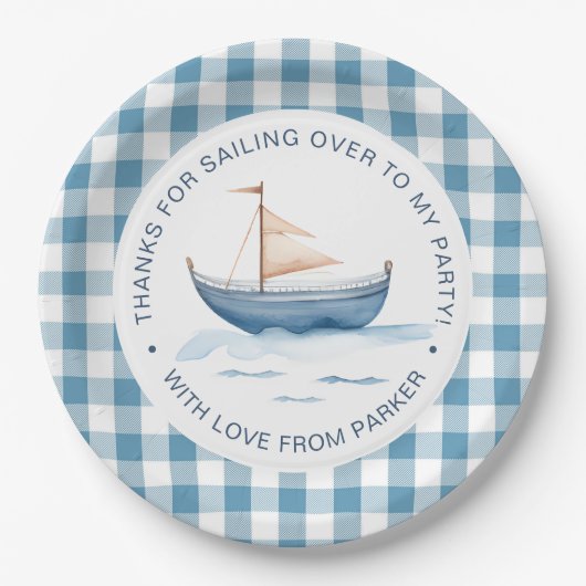 Moderne Nautisch Blauwe Jongen 1e Verjaardag Papieren Bordje (Voorkant)