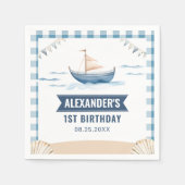 Moderne Nautisch Blauwe Jongen 1e Verjaardag Servet (Voorkant)