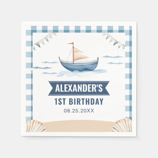 Moderne Nautisch Blauwe Jongen 1e Verjaardag Servet (Voorkant)