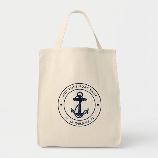 Moderne Nautische Anker Boot Naam Custom Boating Tote Bag (Voorkant)