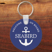 Moderne nautische anker bootnaam wit blauw sleutelhanger (Voorkant)