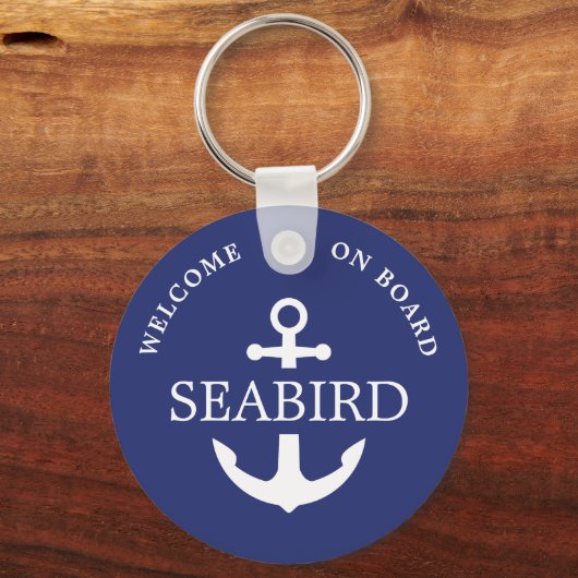 Moderne nautische anker bootnaam wit blauw sleutelhanger (Voorkant)
