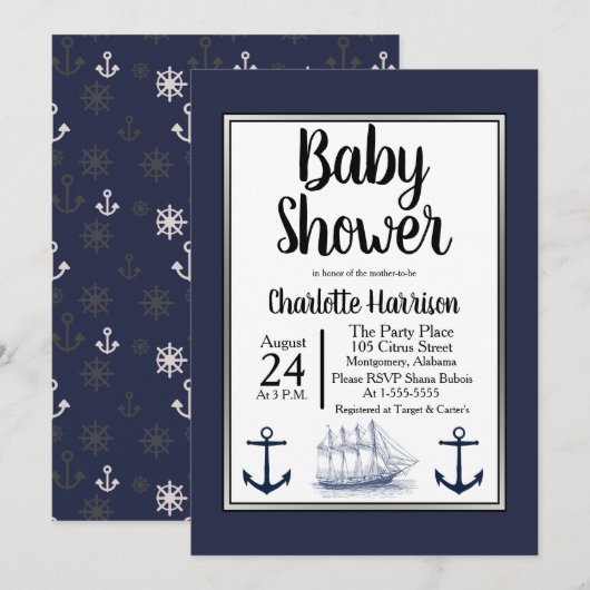 Moderne nautische ankers en  Baby shower Kaart (Voorkant / Achterkant)