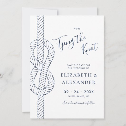 Moderne nautische binding van de knoop bruiloft save the date (Voorkant)