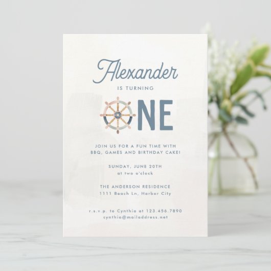 Moderne nautische blauwe pastel Kinder 1e verjaard Kaart (Staand voorkant)