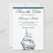 Moderne nautische bruiloft wit en blauw save the date (Voorkant)