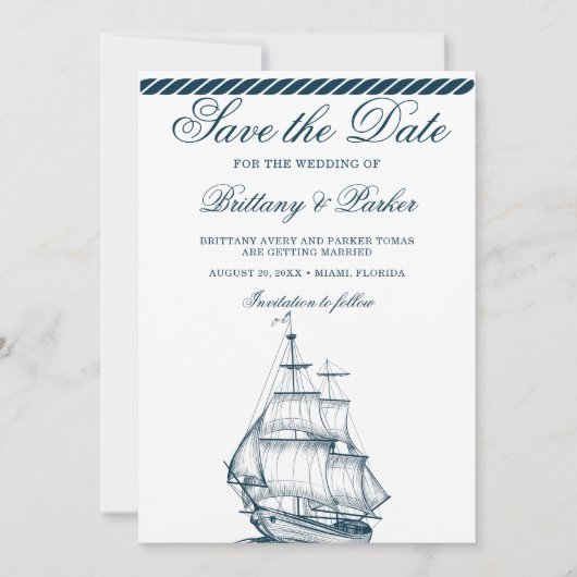 Moderne nautische bruiloft wit en blauw save the date (Voorkant)