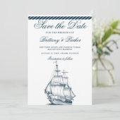 Moderne nautische bruiloft wit en blauw save the date (Staand voorkant)