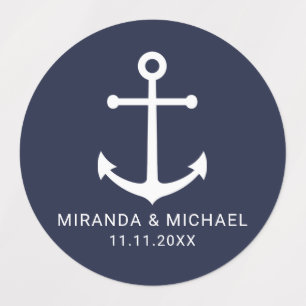 Moderne nautische marine blauw anker bruiloft guns labels