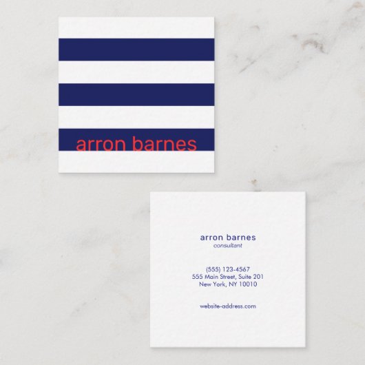 Moderne nautische marine blauw gestreept vierkante visitekaartje (Voorkant / Achterkant)