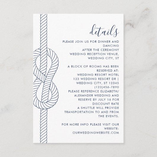 Moderne nautische touw knoop bruiloft details informatiekaartje (Voorkant)