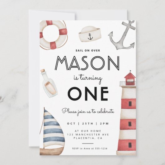 Moderne Nautische Verjaardagsfeestzeilboot Kaart (Voorkant)