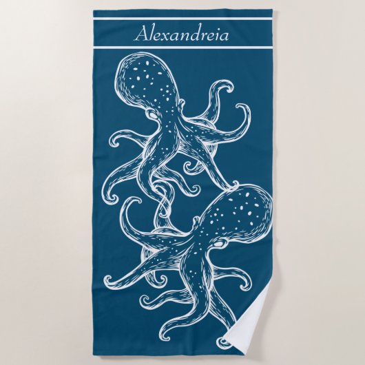 Moderne Nautische Witte Octopus oceaanblauw Strandlaken (Voorkant)