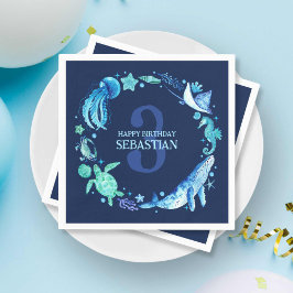 Moderne nautische zeedieren in blauwe Waterverf Servet