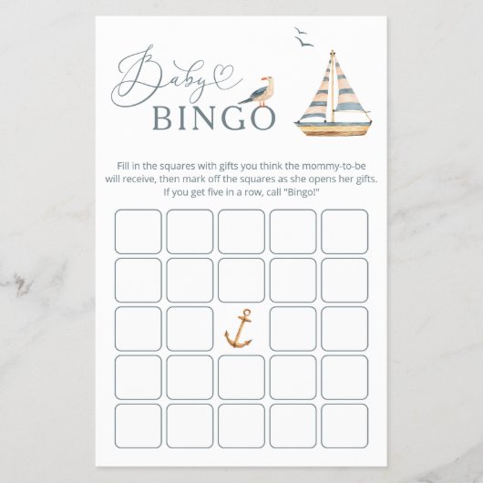Moderne nautische zeilboot Baby shower spel BINGO Flyer (Voorkant)