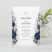 Moderne Navy Anemoon Zilver Glitter Stof Bruiloft Kaart (Staand voorkant)
