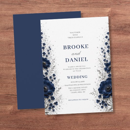 Moderne Navy Anemoon Zilver Glitter Stof Bruiloft Kaart