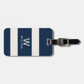 Moderne Navy Beige Kuststreep Monogram Naam Bagagelabel (Voorkant horizontaal)