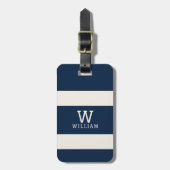Moderne Navy Beige Kuststreep Monogram Naam Bagagelabel (Voorkant verticaal)