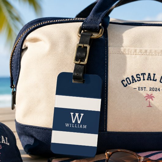 Moderne Navy Beige Kuststreep Monogram Naam Bagagelabel