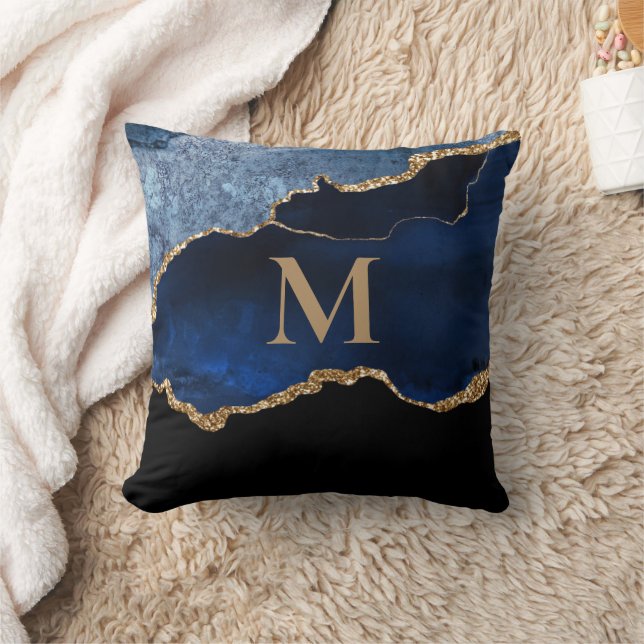 Moderne Navy Blau Gouden Marmer Glitter Monogram T Kussen (Deken)