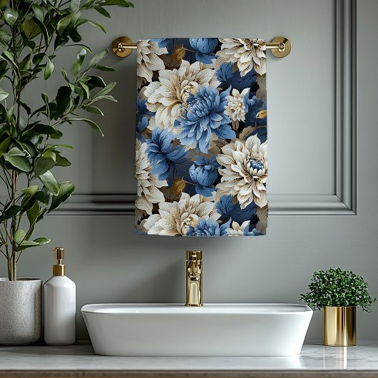 Moderne Navy Blau Ivoor Goud Bloem Bad Handdoek
