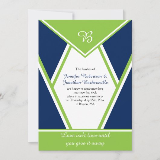 Moderne Navy Blau Lime Groen Trouwfeest Kaart (Voorkant)
