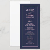 Moderne Navy Blau Roze Script Minimaal Huwelijk Menu (Voorkant / Achterkant)