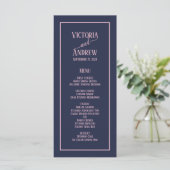 Moderne Navy Blau Roze Script Minimaal Huwelijk Menu (Staand voorkant)