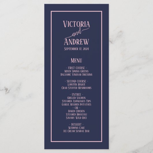Moderne Navy Blau Roze Script Minimaal Huwelijk Menu (Voorkant)