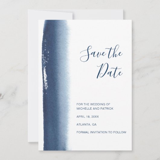 Moderne Navy Blau Waterverf Trouwdag Save The Date (Voorkant)