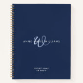 Moderne Navy Blau Wit Script Monogram Notitieboek (Voorkant)
