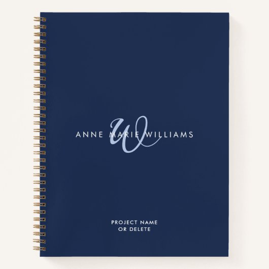 Moderne Navy Blau Wit Script Monogram Notitieboek (Voorkant)