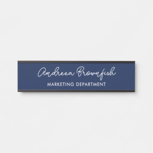 Moderne Navy Blau Witte Elegante Script Zakelijk  Deurbordje