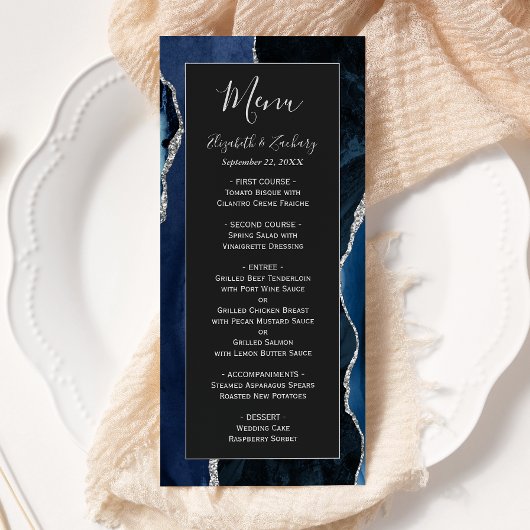 Moderne Navy Blau Zilveren Agate Donkere Trouw Menu