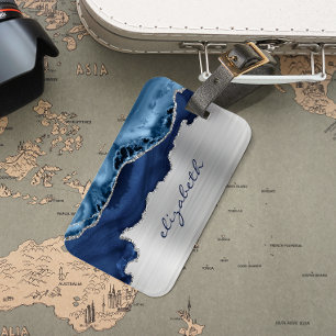 Moderne Navy Blau Zilveren Agaten Metaalglans Bagagelabel